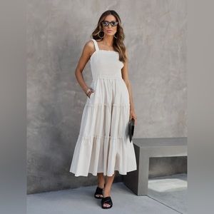 VICI Lorina Smocked Cotton Blend Pocketed Tiered Midi Dress
